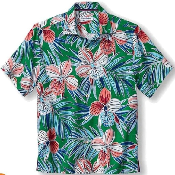 NWT Tommy Bahama Large Iris Oasis Emerald Grass Silk Blend Button Up Camp Shirt - Picture 1 of 7